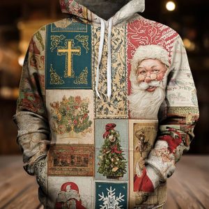 Mens Vintage Christmas Print Oversized Drop Shoulder Hoodie with Pockets