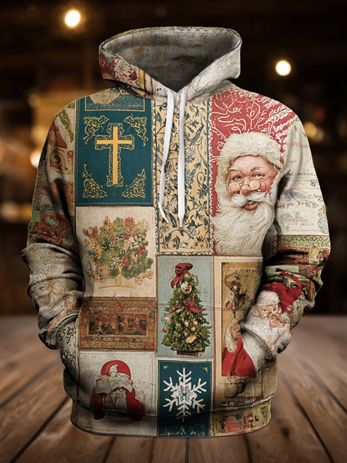 Men's Vintage Christmas Print Oversized Drop-Shoulder Hoodie with Pockets