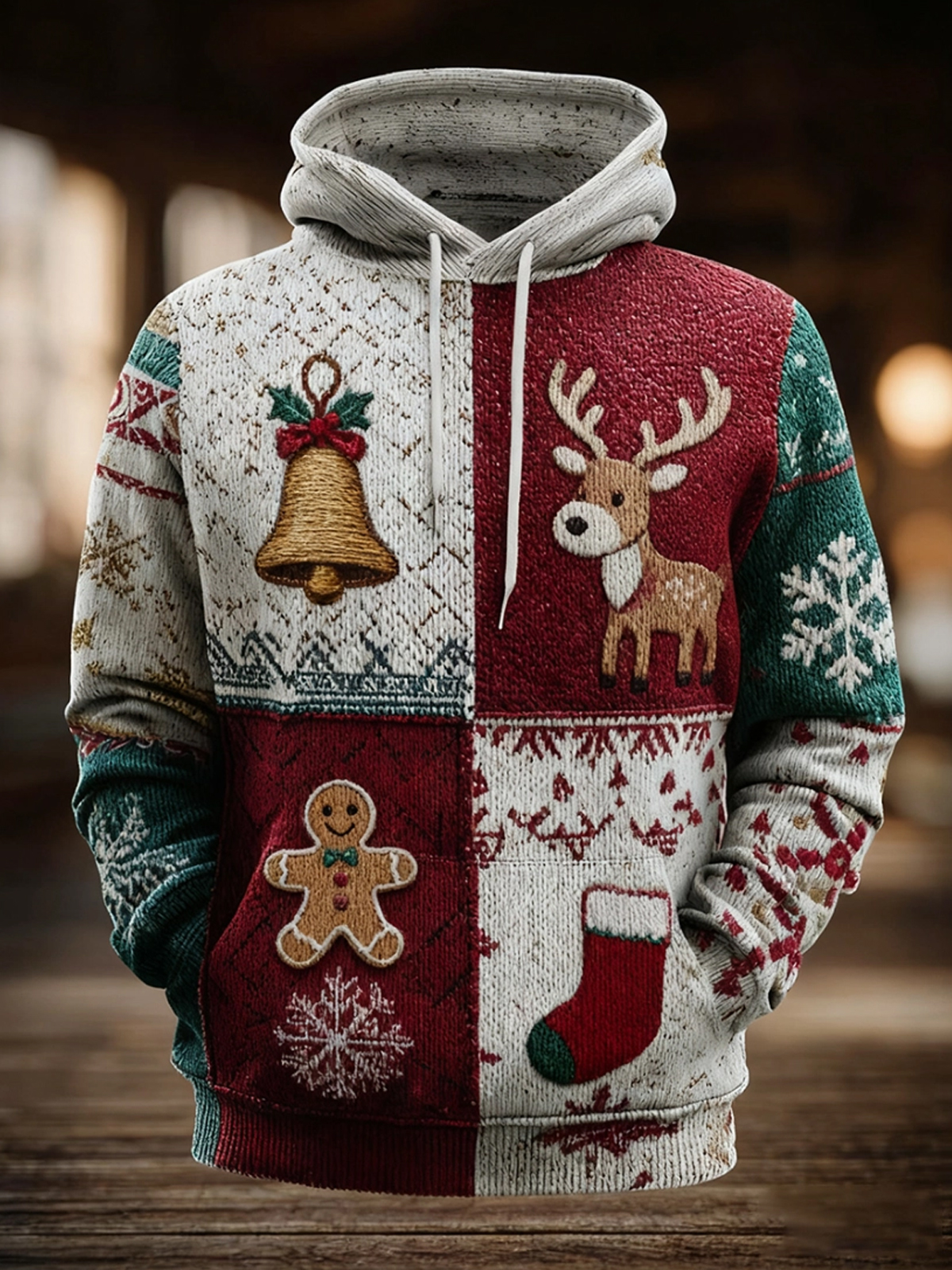 Men's Vintage Christmas Print Oversized Drop Shoulder Hoodie