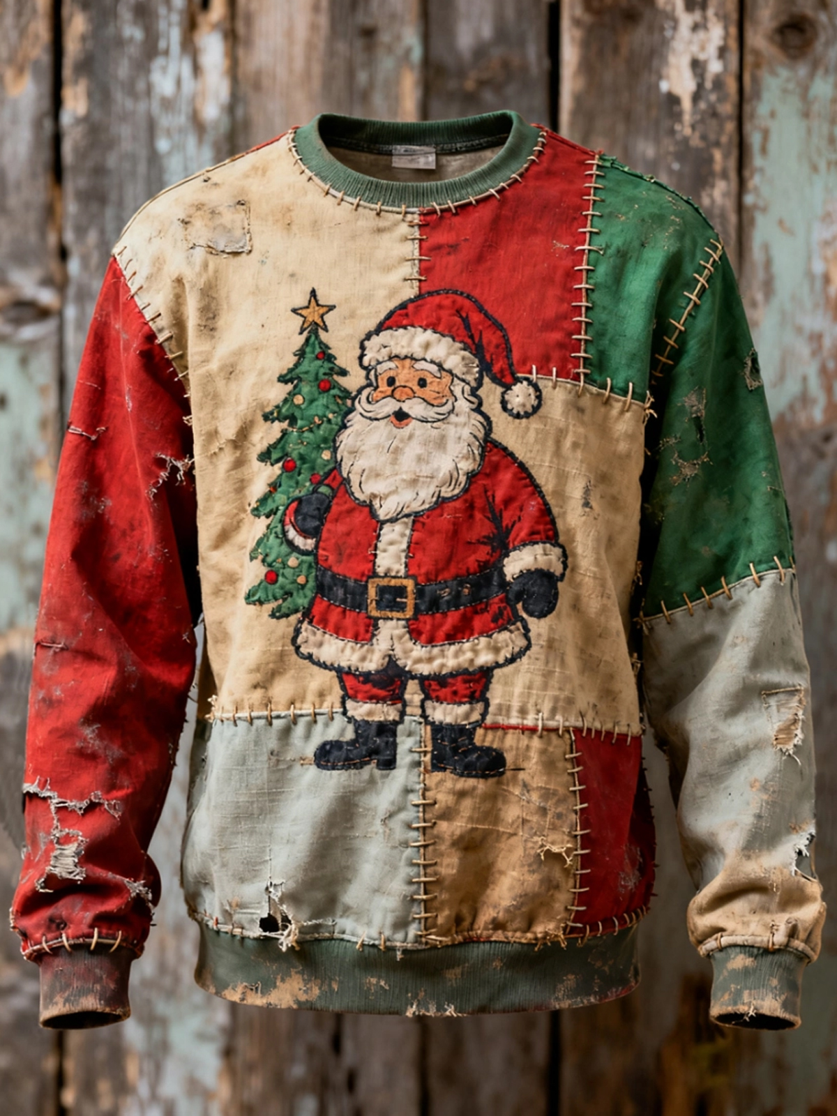 Men's Vintage Christmas Santa Claus Patchwork Print Casual Sweatshirt
