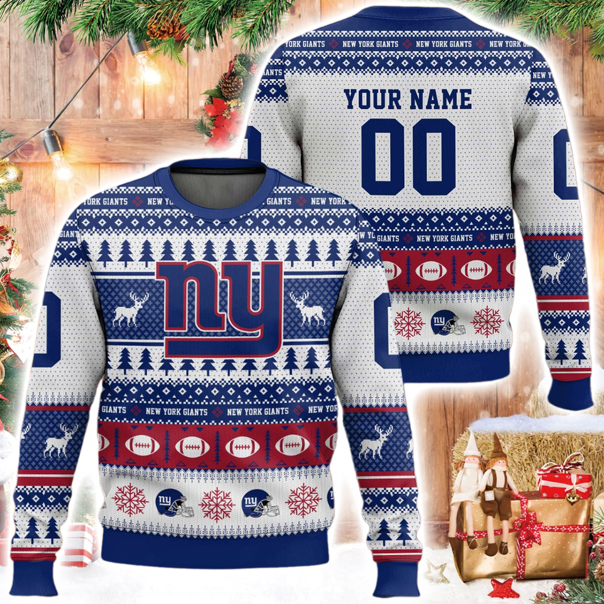 Personalized NY Giants Football 2025 Ugly Christmas Sweater