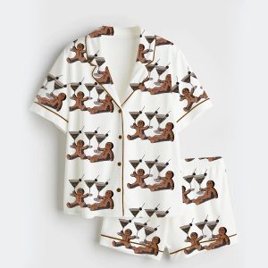 Women's Vintage Gingerbread Men Dirty Martini Cocktail Christmas Short Sleeve Satin Pajama Set 1