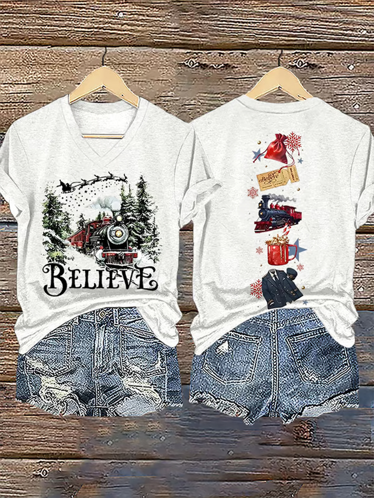 V-Neck Retro Christmas Believe Print T-Shirt