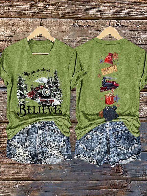 V Neck Retro Christmas Believe Print T Shirt 2