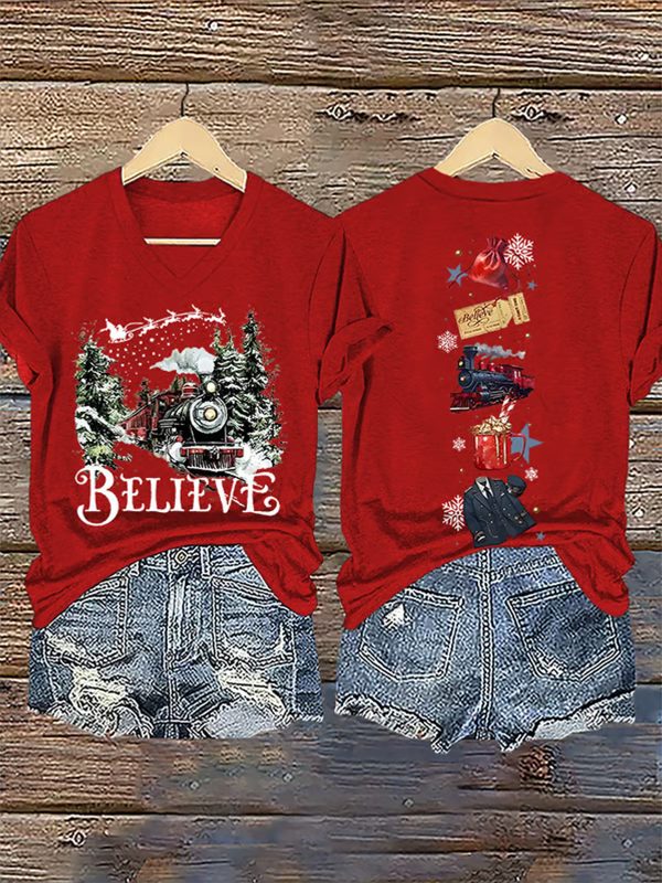 V Neck Retro Christmas Believe Print T Shirt 3