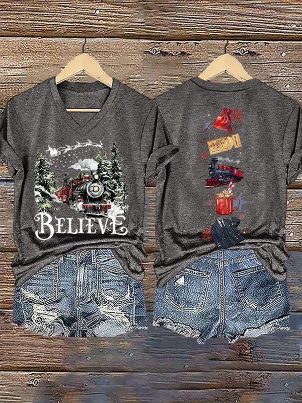 V Neck Retro Christmas Believe Print T Shirt