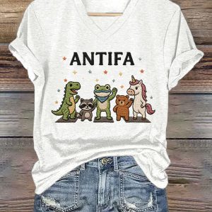 V Neck Retro Frog Resist Antifa Print T Shirt