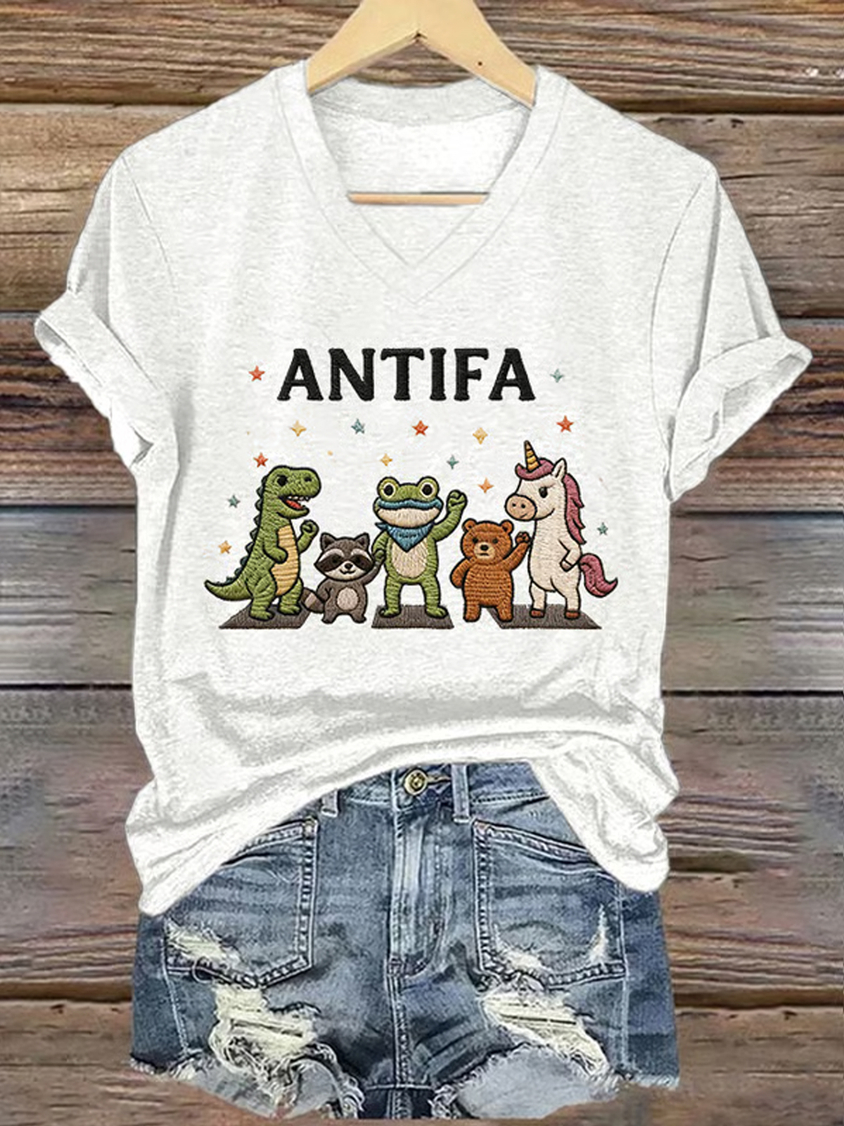V Neck Retro Frog Resist Antifa Print T Shirt