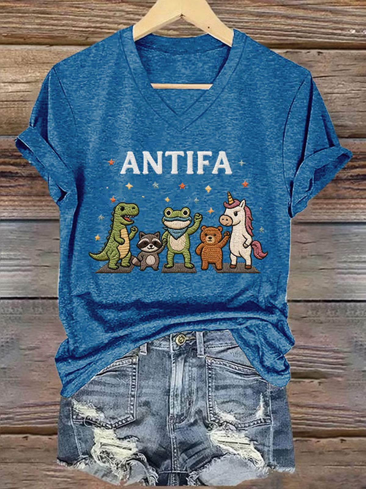 V Neck Retro Frog Resist Antifa Print T Shirt