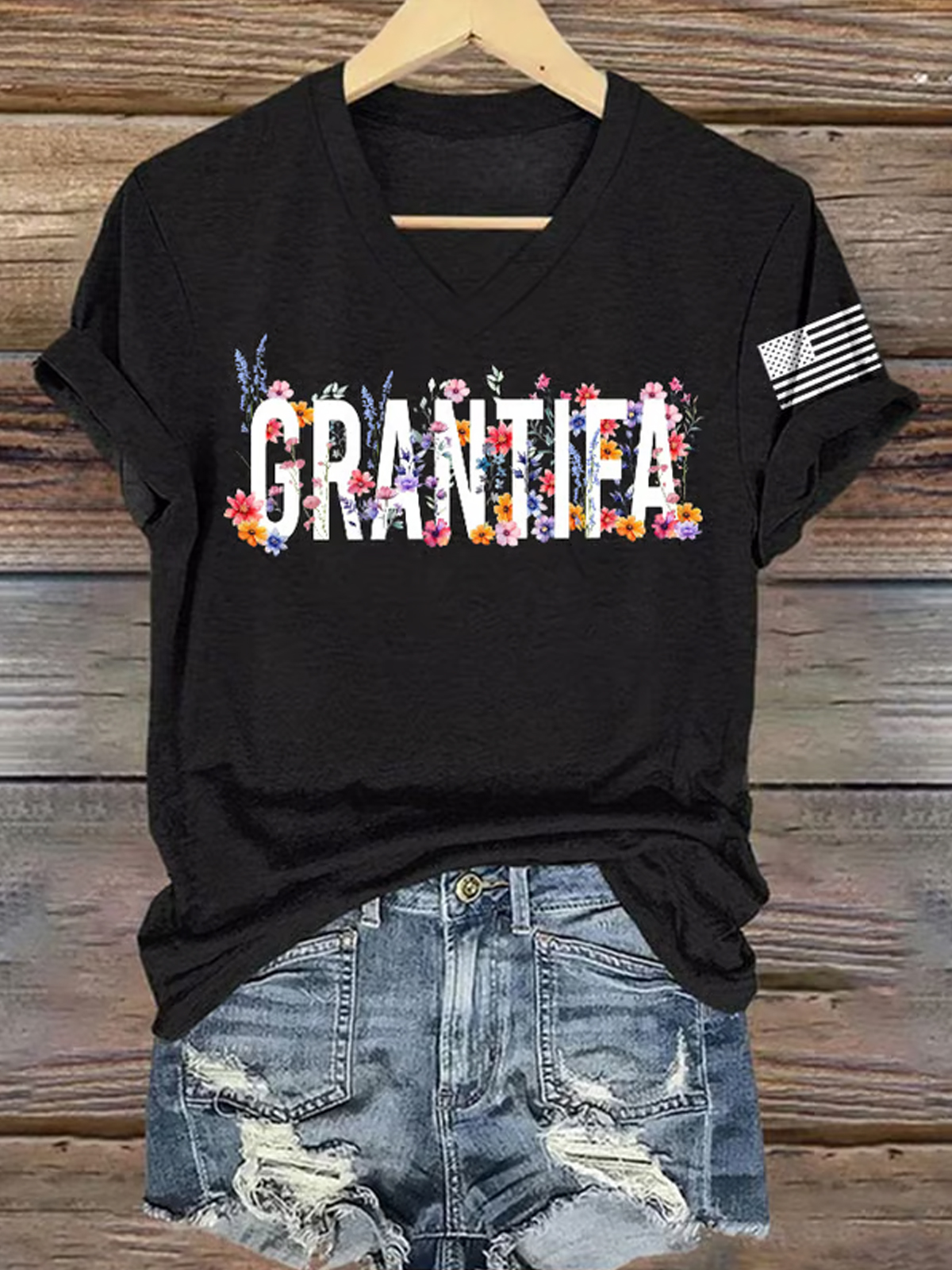 V Neck Retro Grantifa Print T Shirt