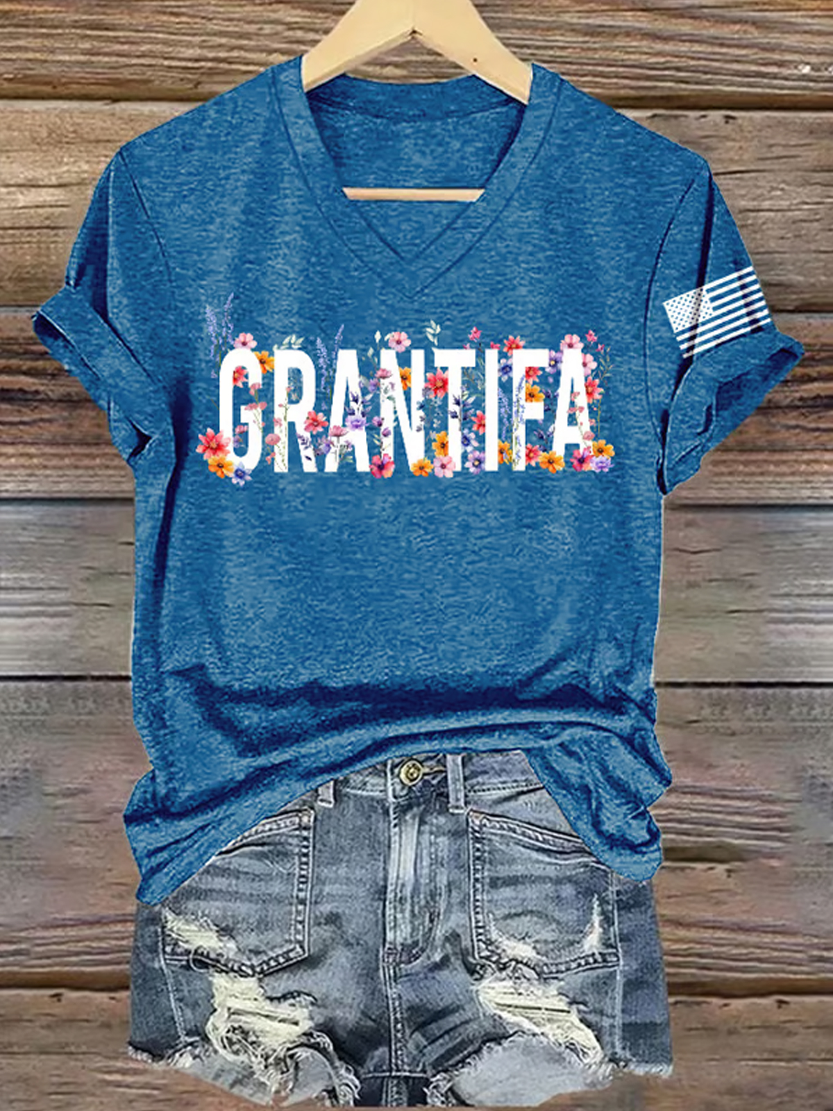 V Neck Retro Grantifa Print T Shirt