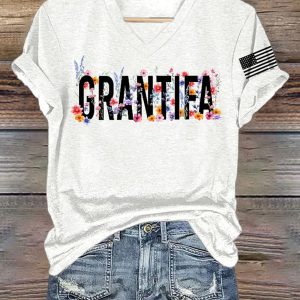 V Neck Retro Grantifa Print T Shirt