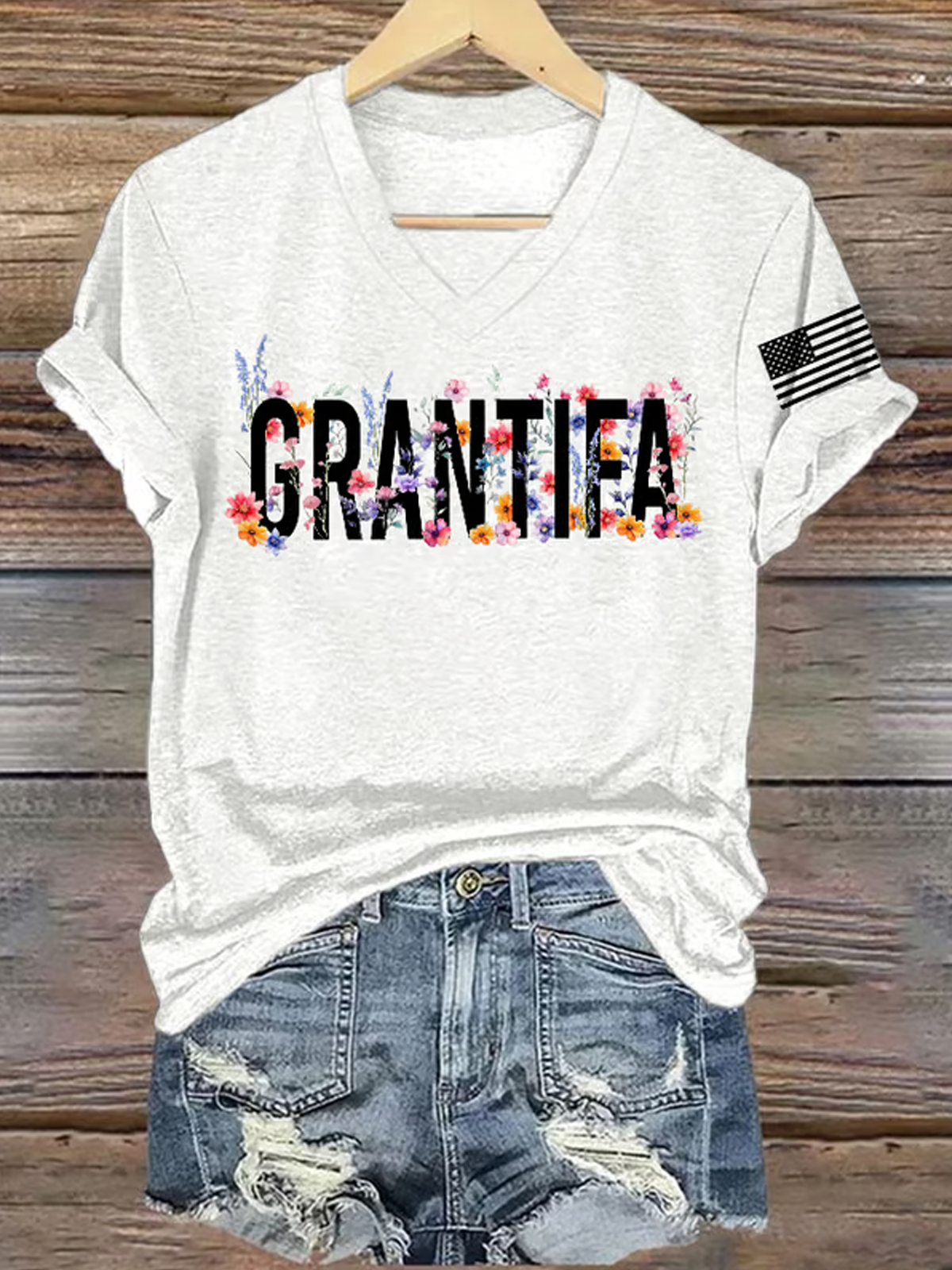 V Neck Retro Grantifa Print T Shirt
