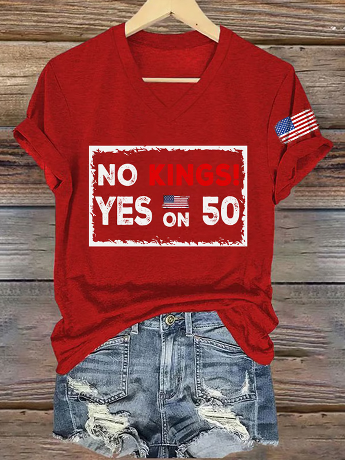 V Neck Retro No Kings Yes On 50 Print T Shirt