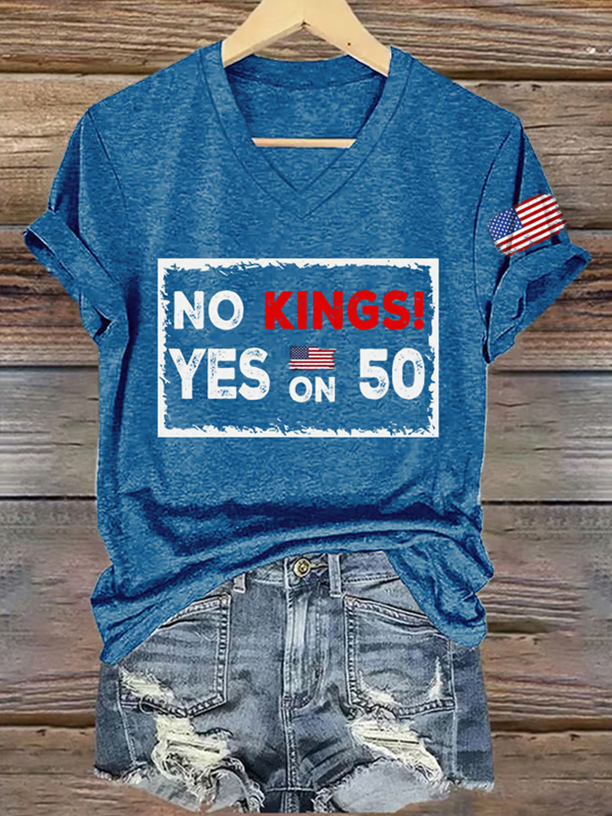 V Neck Retro No Kings Yes On 50 Print T Shirt