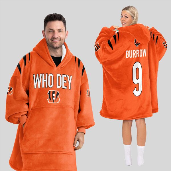 Who Dey Burrow 9 Cincinnati Football Unisex Blanket Hoodie 1