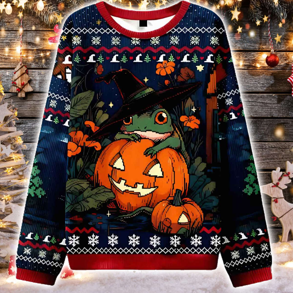 Witch Frog And Pumpkins Ugly Christmas Sweater