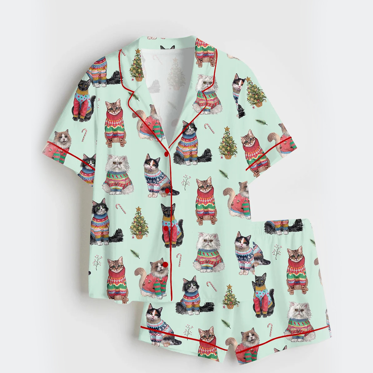 Women's Christmas Cats Short Sleeve Satin Pajama Set