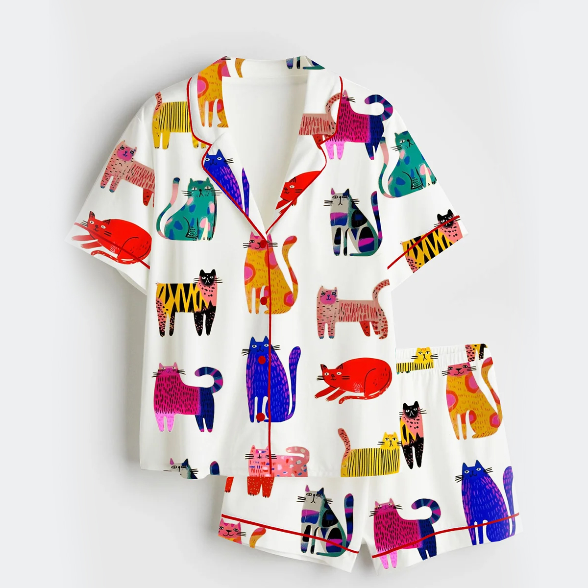 Women's Colorful Cats Short Sleeve Satin Pajama Set