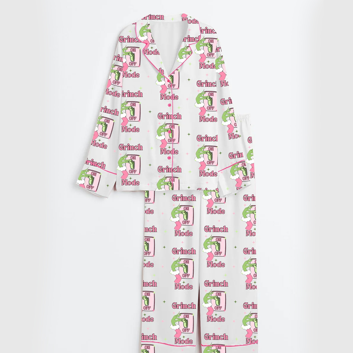 Women's Grnch Mode On Pink Christmas Short Sleeve Satin Pajama Set