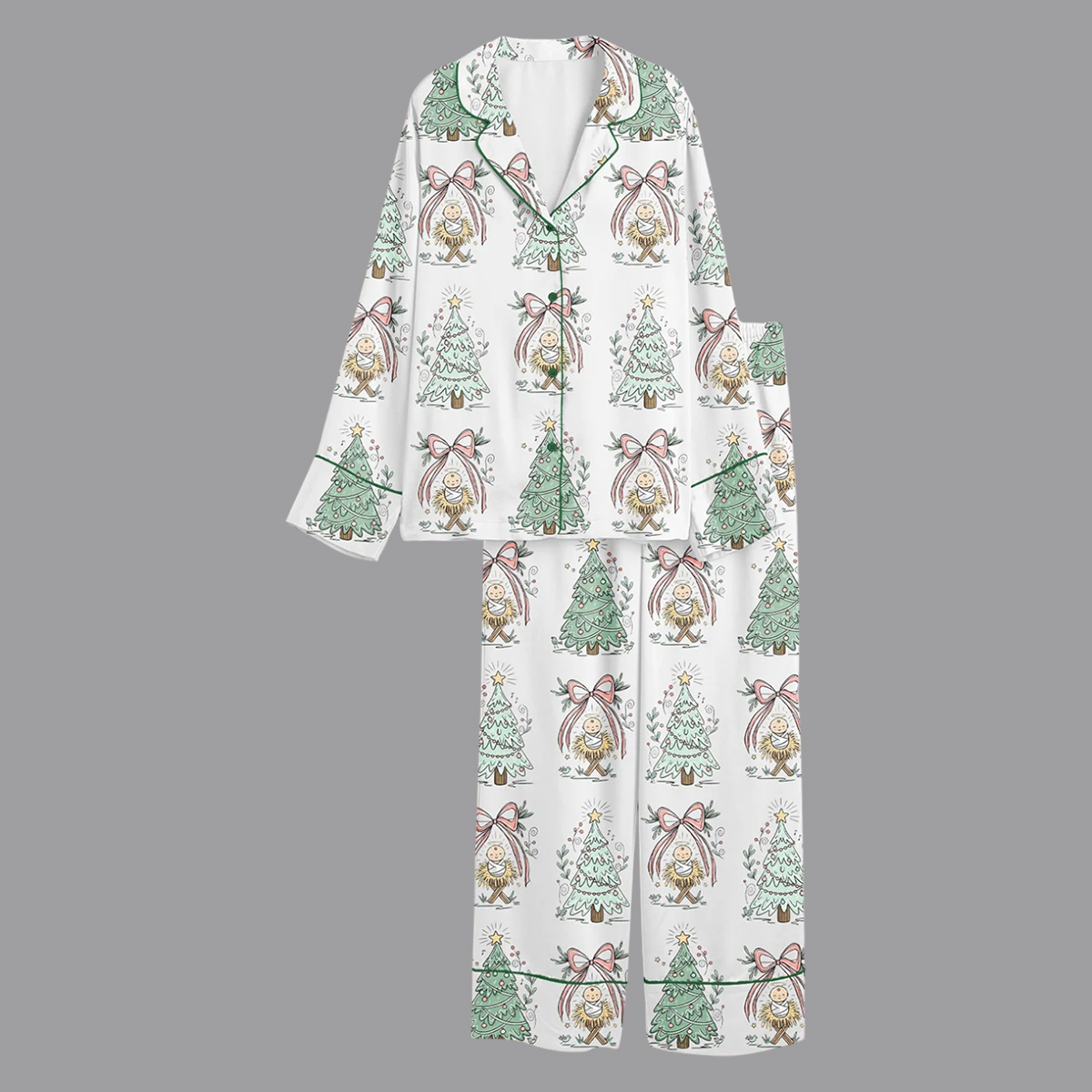 Women's Let Heaven And Nature Sing Christian Christmas Nativity Bow Trees Short Sleeve Satin Pajama Set