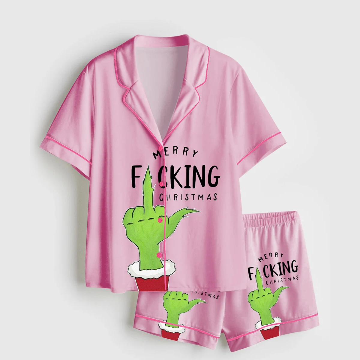 Women's Merry Grnch Pink Christmas Short Sleeve Satin Pajama Set