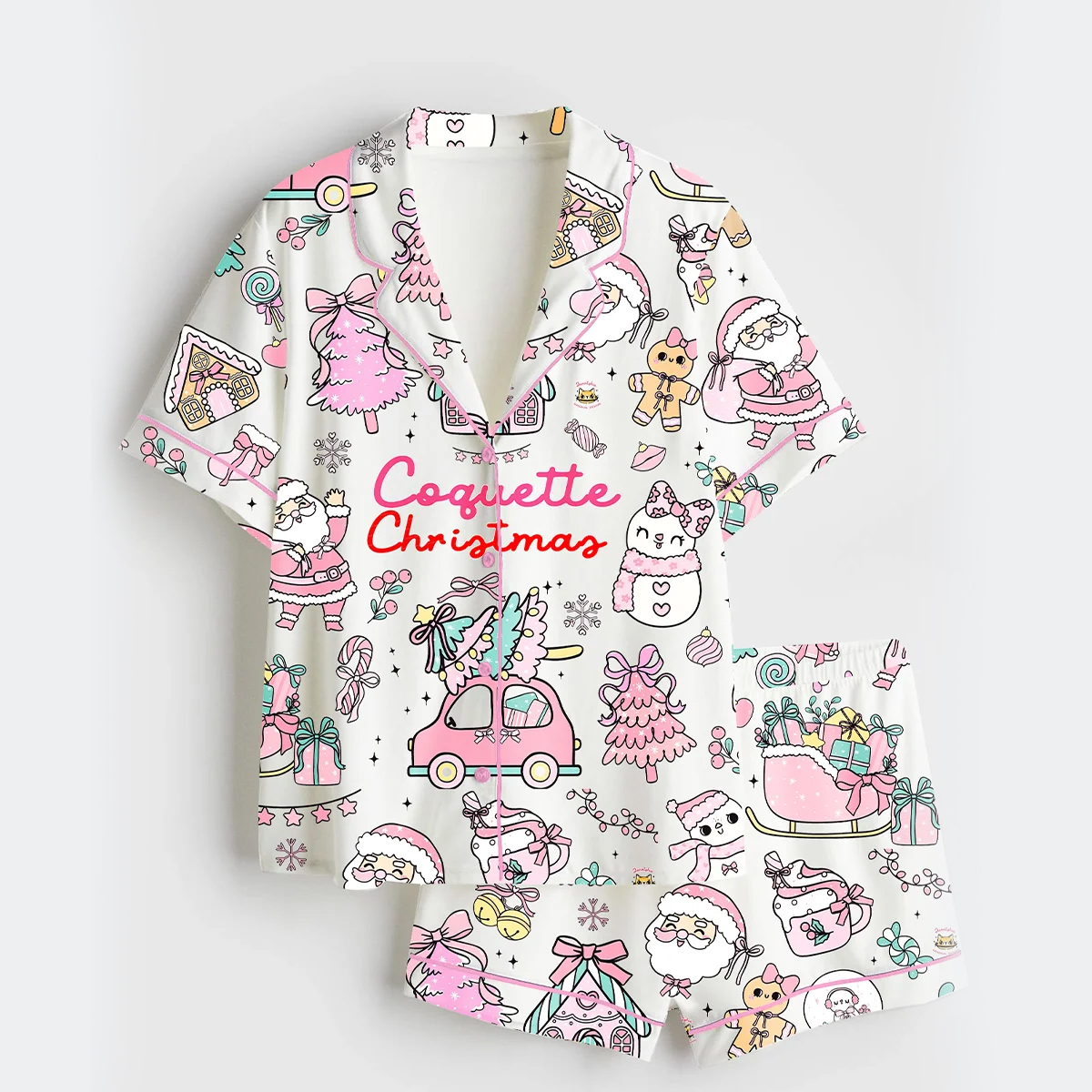 Women's Pastel Coquette Christmas Girly Pink And Mint Xmas Short Sleeve Satin Pajama Set