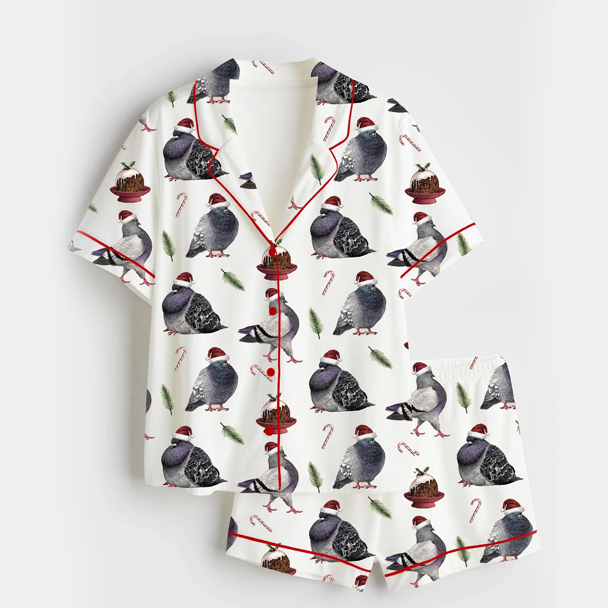 Women's Pigeons Christmas Puddings Christmas Short Sleeve Satin Pajama Set