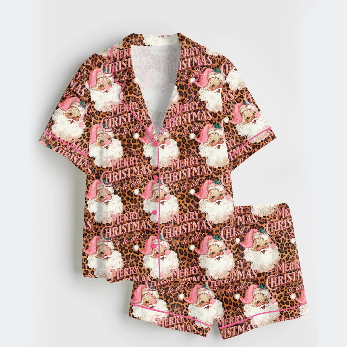 Women's Pink Leopard Christmas Santa Short Sleeve Satin Pajama Set