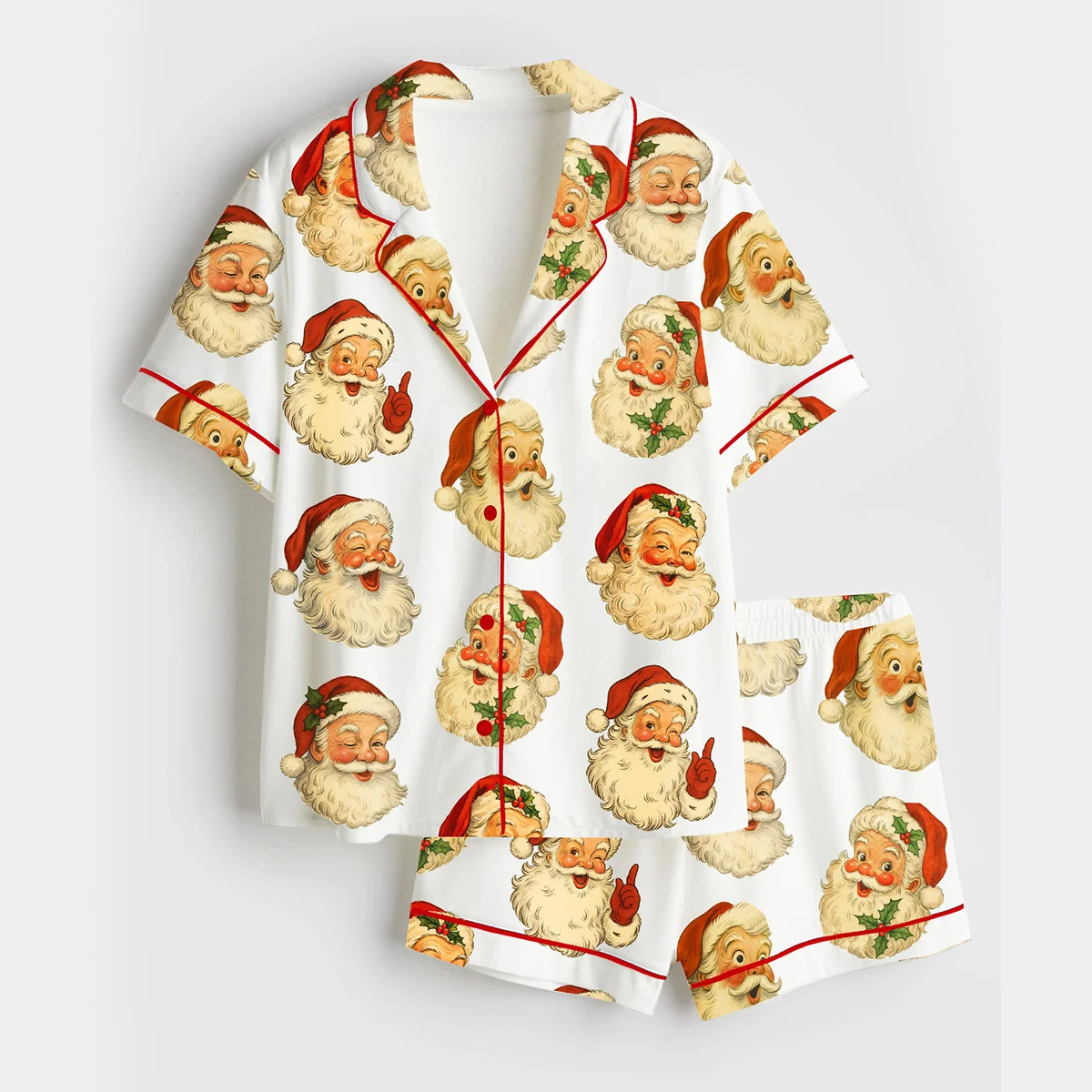 Women's Retro Christmas Santa Short Sleeve Satin Pajama Set