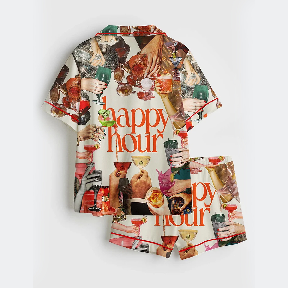 Women's Retro Cocktail Happy Hour Bar Short Sleeve Satin Pajama Set