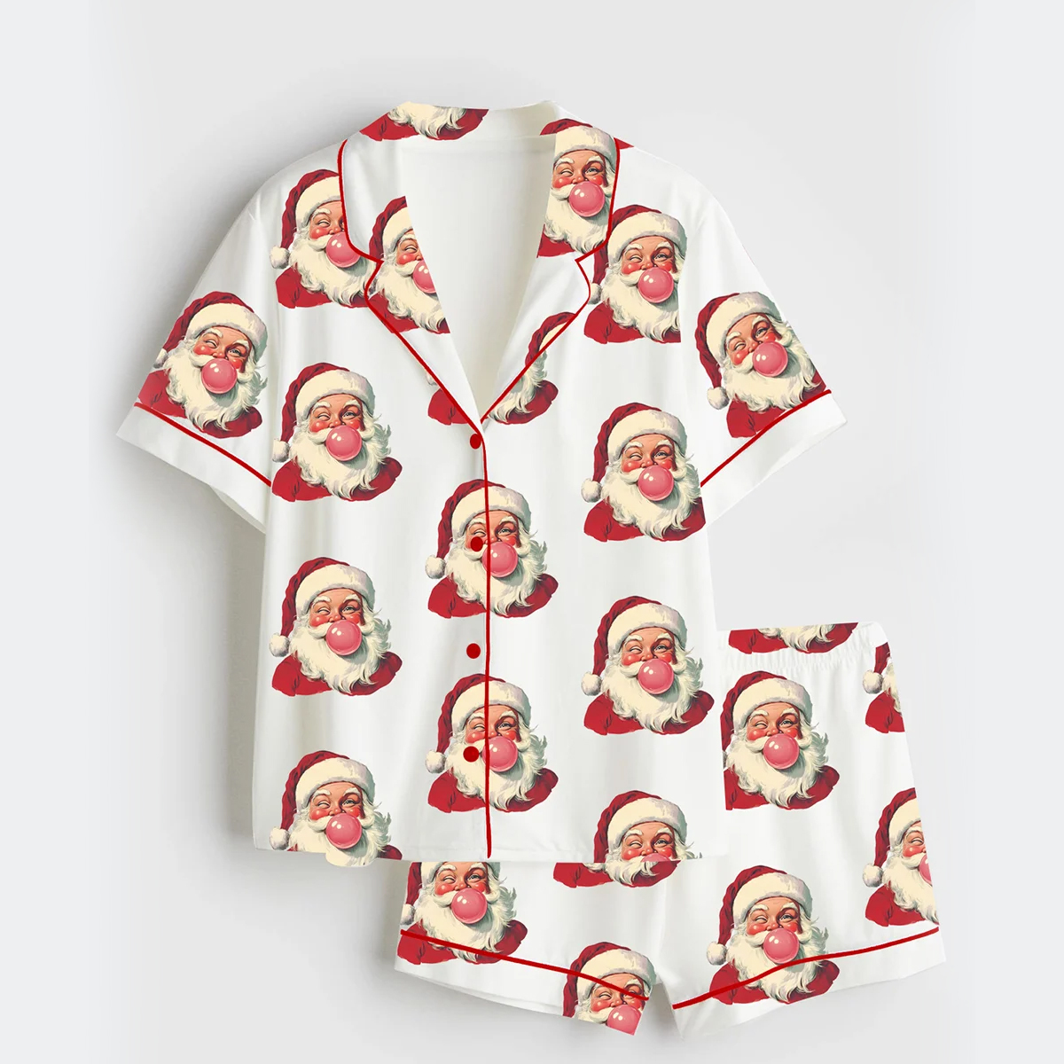 Women's Retro Santa Christmas Blowing Bubble Short Sleeve Satin Pajama Set