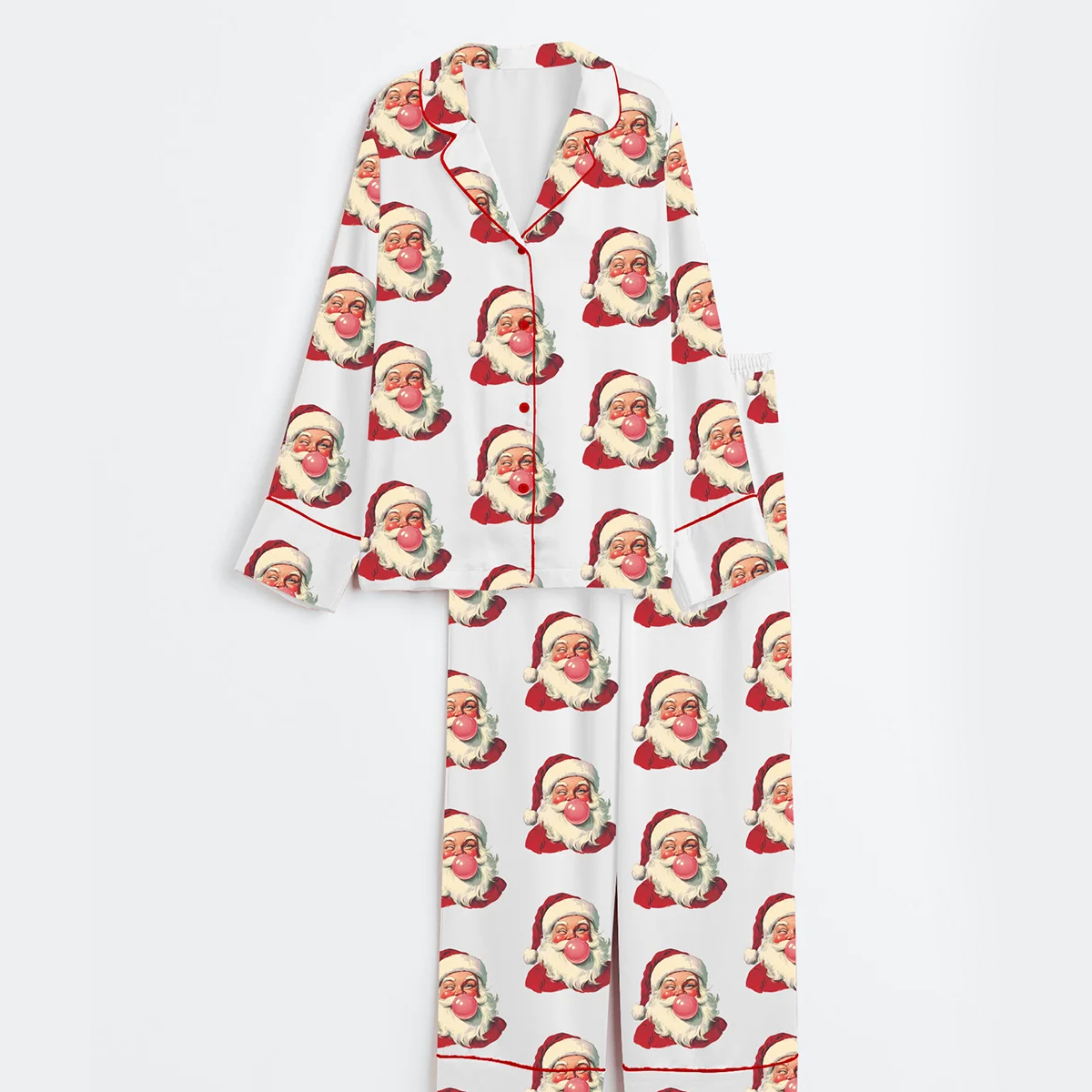 Women's Retro Santa Christmas Blowing Bubble Short Sleeve Satin Pajama Set