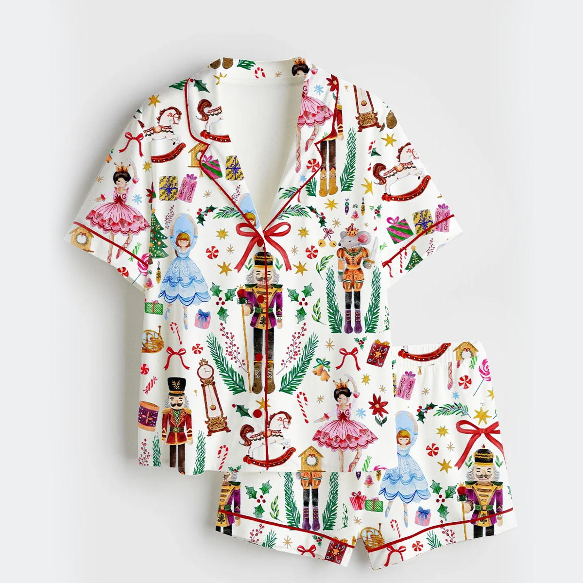 Women's Vintage Christmas Nutcracker Ballet Holiday Party Short Sleeve Satin Pajama Set