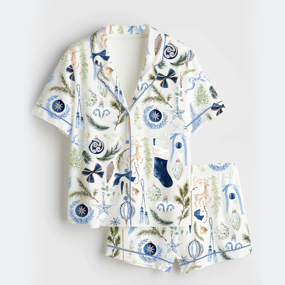 Women's Watercolor Navy Christmas Navy Gold Royal Blue Christmas Short Sleeve Satin Pajama Set