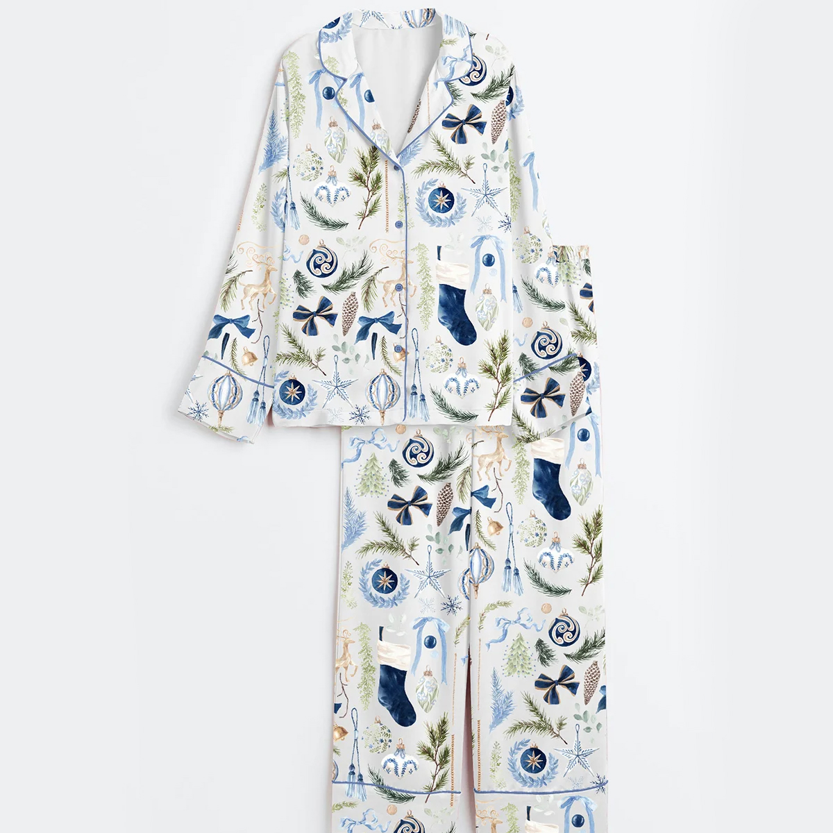 Women's Watercolor Navy Christmas Navy Gold Royal Blue Christmas Short Sleeve Satin Pajama Set