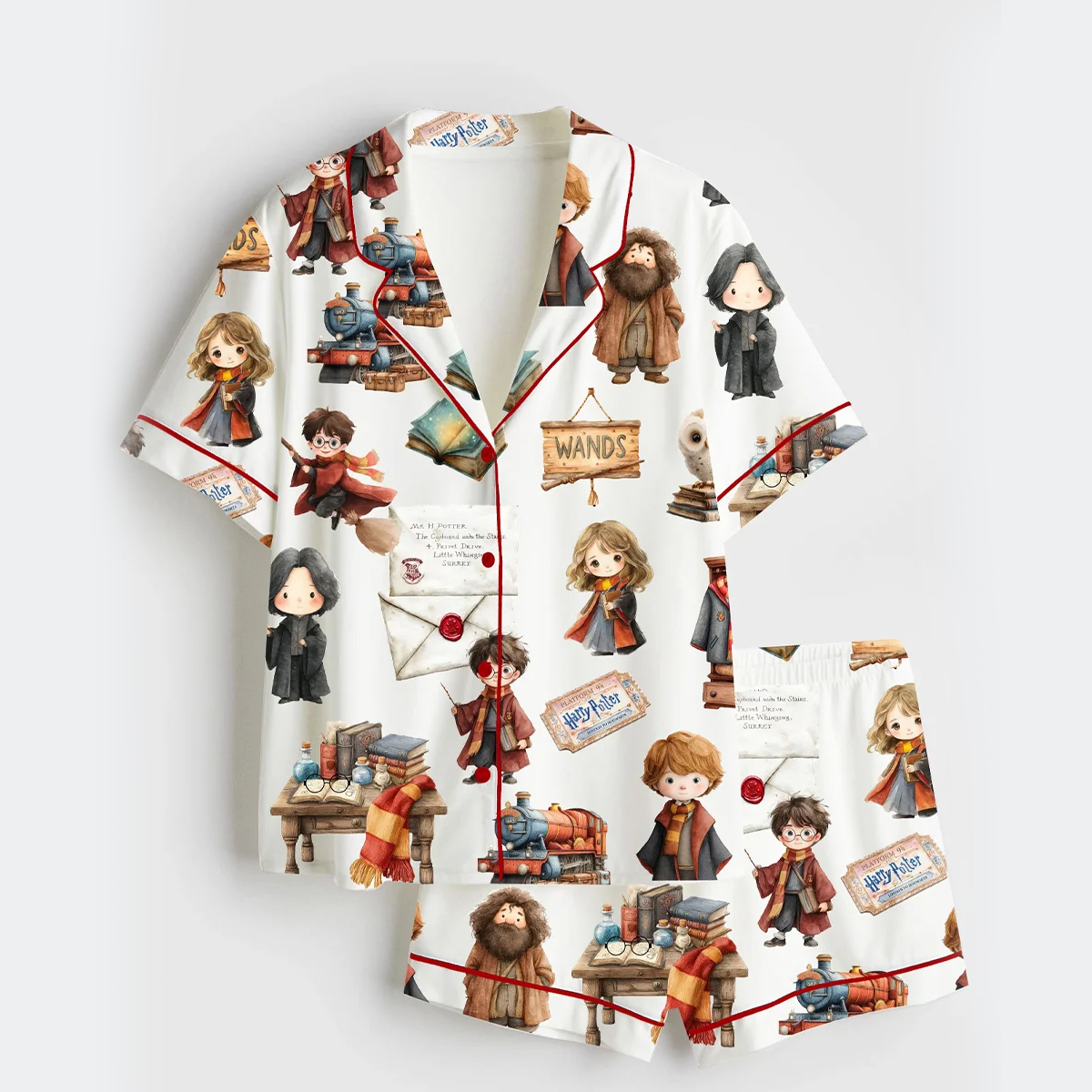 Women's Watercolour Wizard School Owl Wand Book Magic Potion Short Sleeve Satin Pajama Set