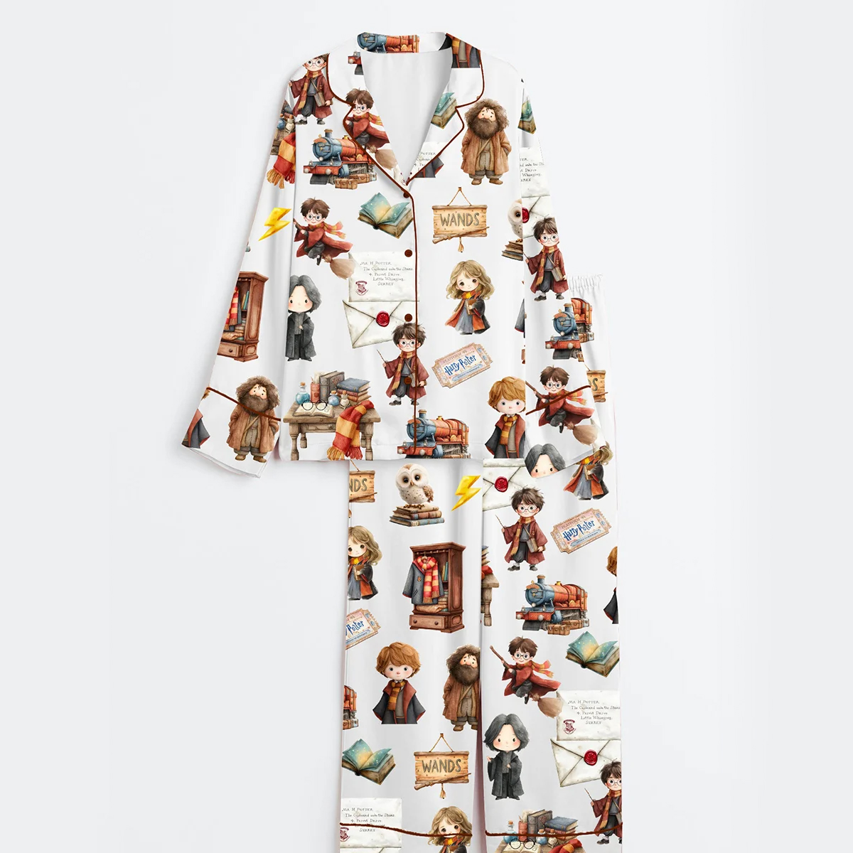 Women's Watercolour Wizard School Owl Wand Book Magic Potion Short Sleeve Satin Pajama Set