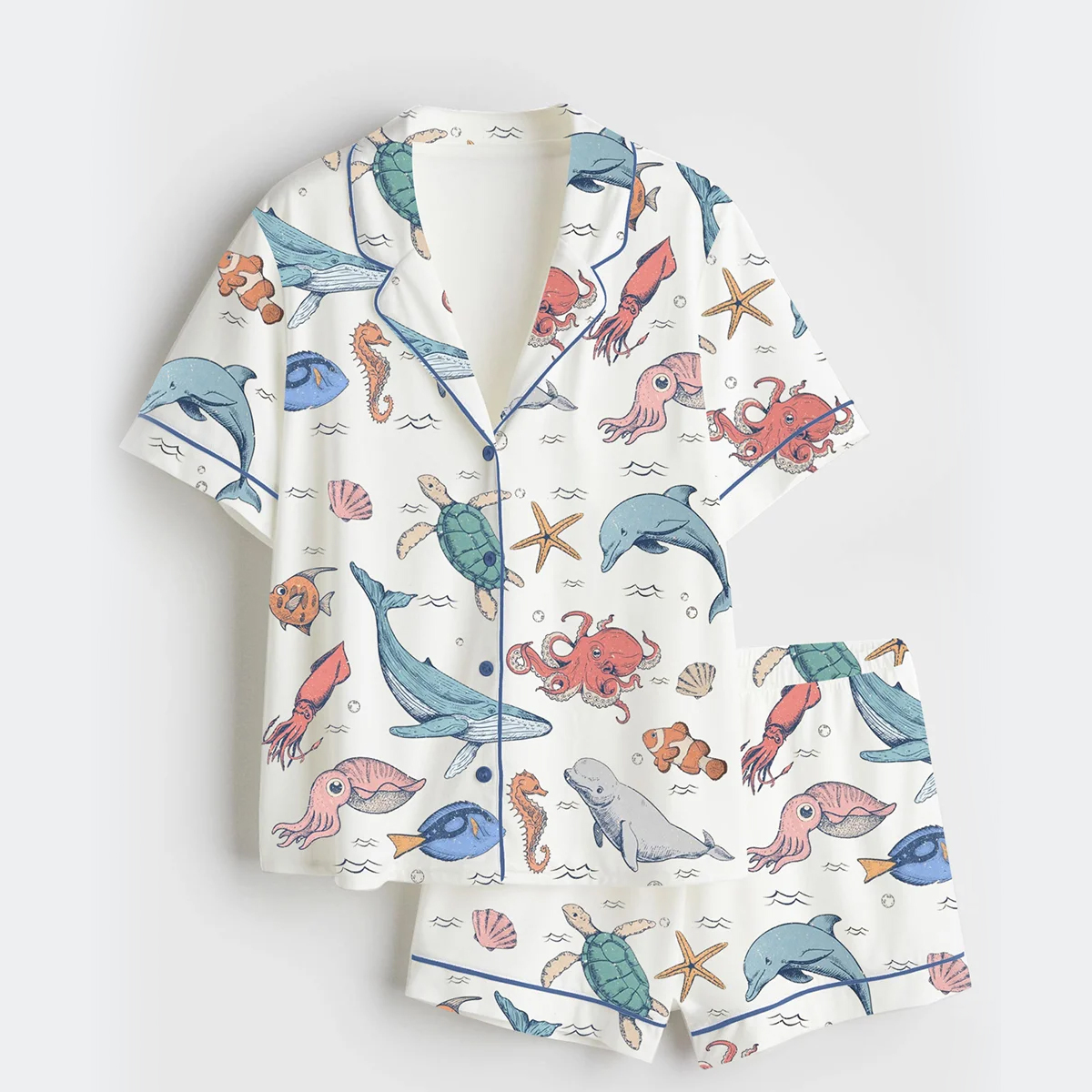 Women's We All Swim Together Ocean Animal Underwater Turtle Short Sleeve Satin Pajama Set