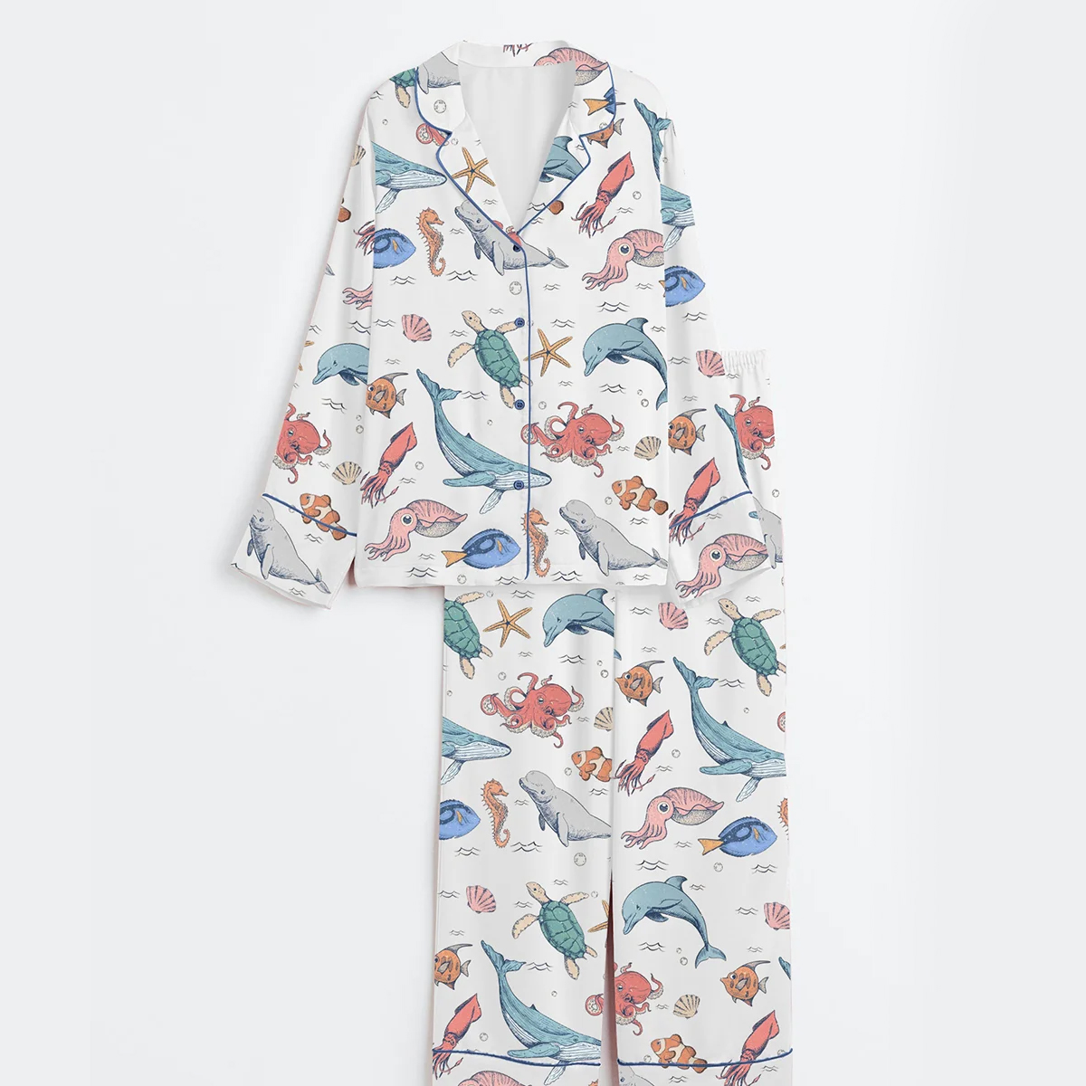 Women's We All Swim Together Ocean Animal Underwater Turtle Short Sleeve Satin Pajama Set