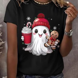 WomenS Christmas Ghost Print T Shirt 1