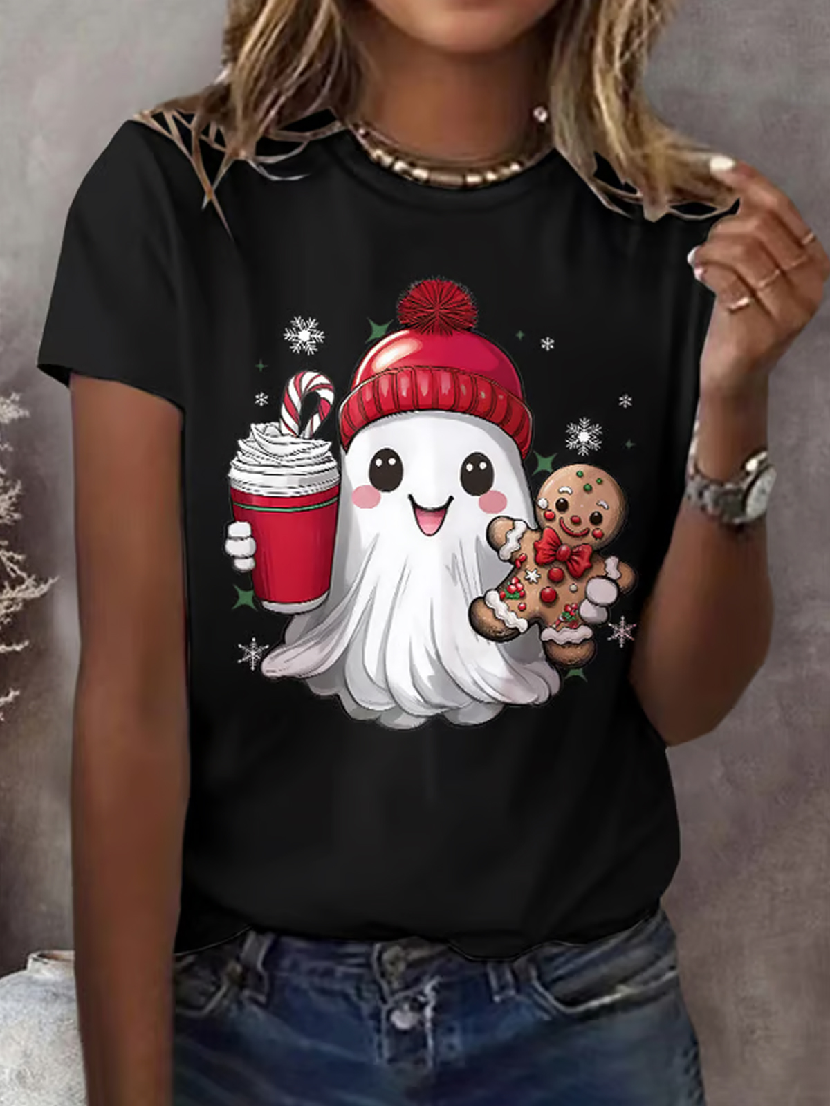 Women's Christmas Ghost Print T-Shirt