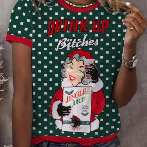 WomenS Retro Drink Up Bitches Christmas Print Crew Neck Short Sleeve T Shirt