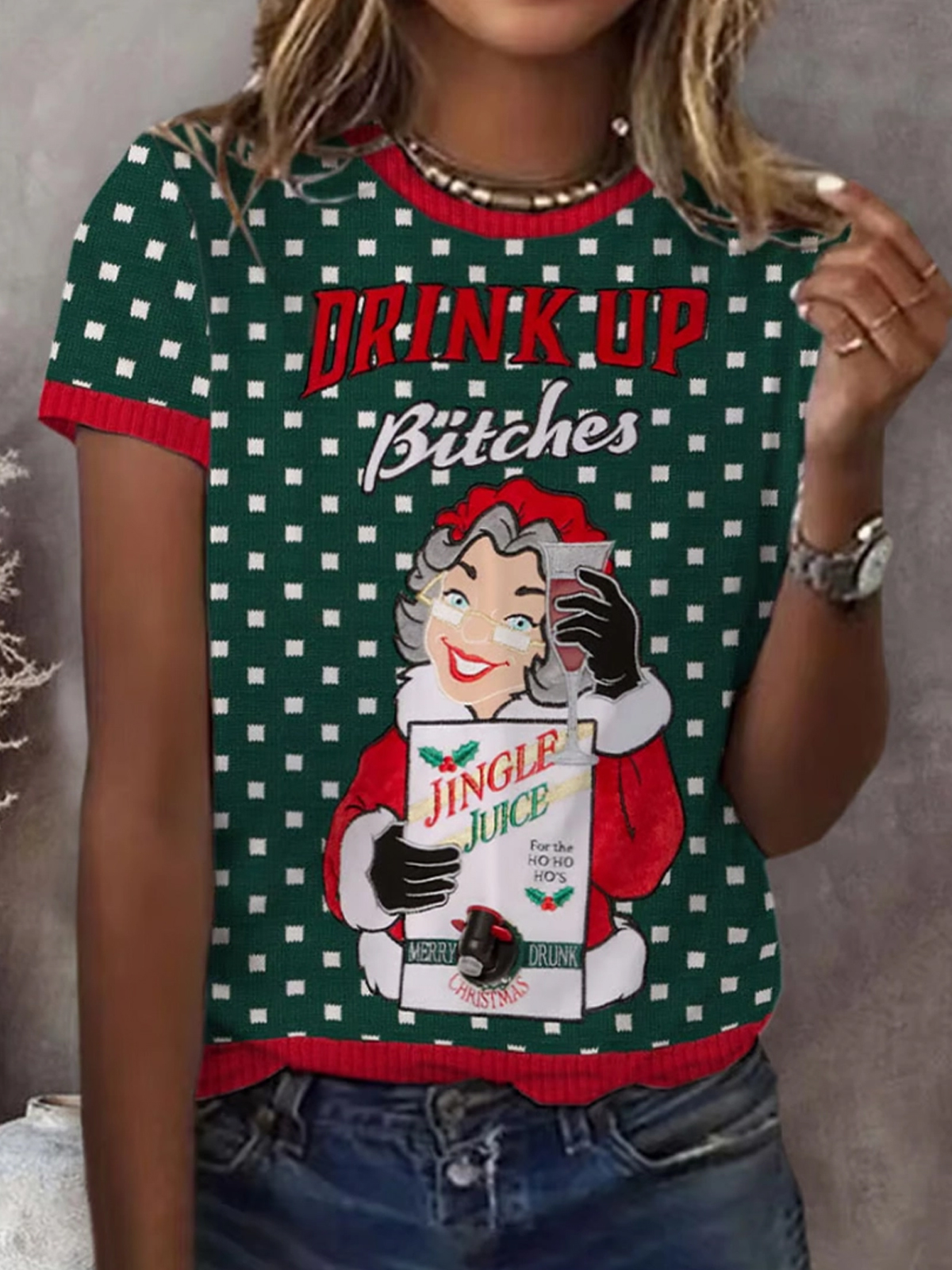 Women's Retro Drink Up Bitches Christmas Print Crew Neck Short Sleeve T-Shirt