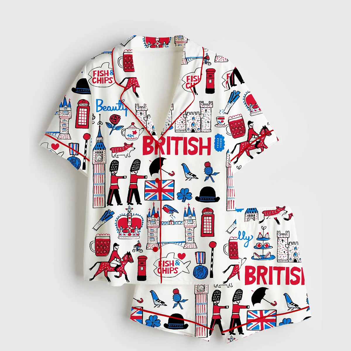 Womens Beautifully British Artwork Short Sleeve Satin Pajama Set 1