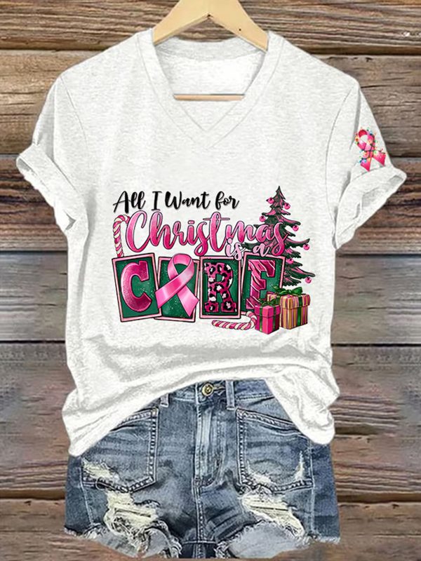 Womens Breast Cancer Awareness All I Want For Christmas Is Cure Printed V Neck Tee 1