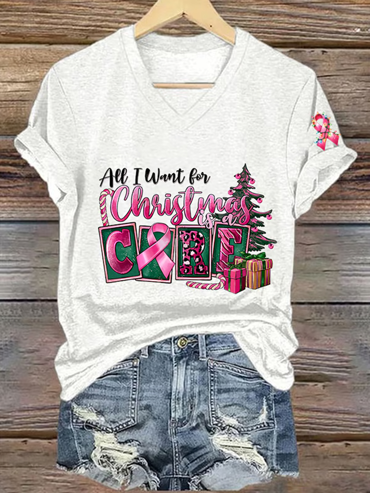 Women's Breast Cancer Awareness All I Want For Christmas Is Cure Printed V-Neck Tee