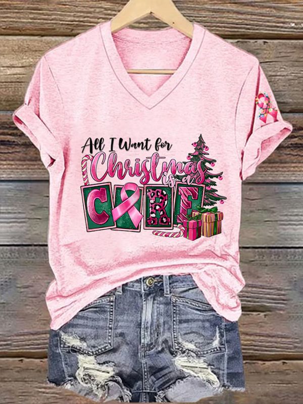 Womens Breast Cancer Awareness All I Want For Christmas Is Cure Printed V Neck Tee 2