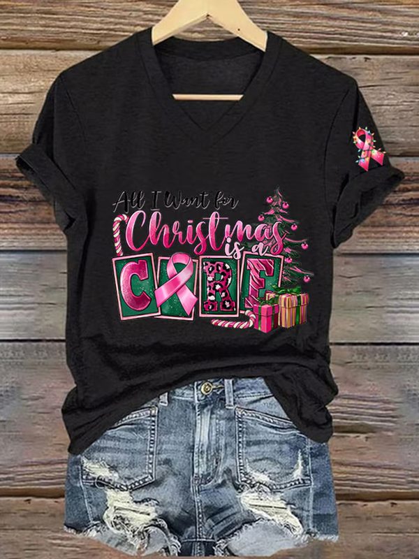 Womens Breast Cancer Awareness All I Want For Christmas Is Cure Printed V Neck Tee