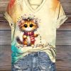 Womens Christmas Cat Print V Neck T Shirt